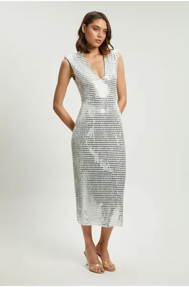 Premium Crystal Embellished Jersey Sleeveless Plunge Neck Midi Dress