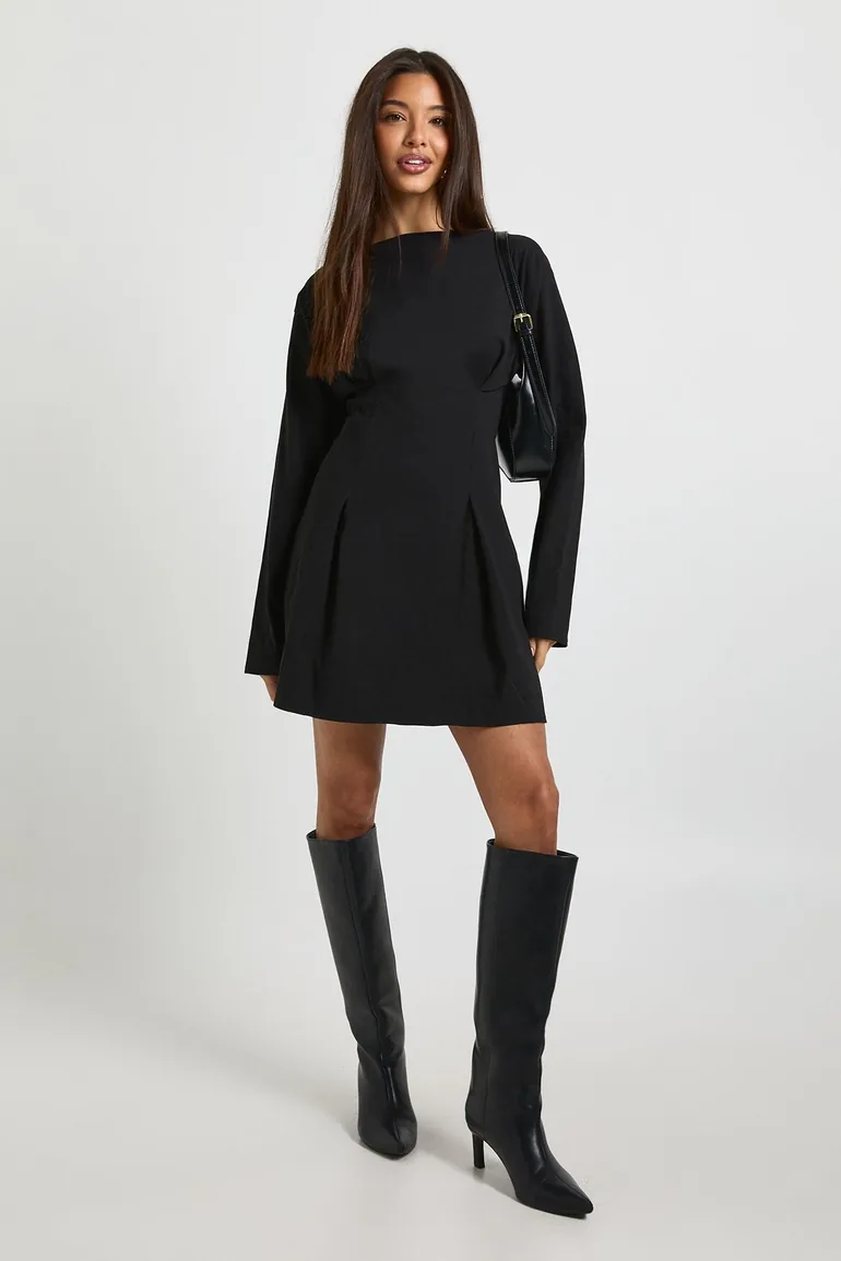 Cinched Balloon Sleeve Mini Dress - black