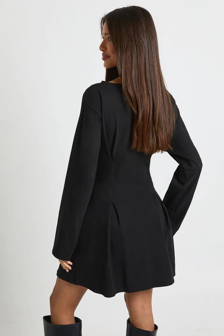 Cinched Balloon Sleeve Mini Dress - black - 2