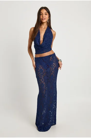 Glitter Lace Maxi Skirt - navy