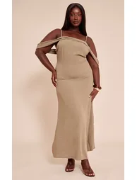 Plus Khaki Textured Strappy Drape Detail Maxi Dress