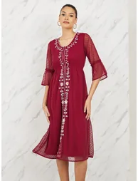 Embroidered Dobby A-Line Midi Dress - 1