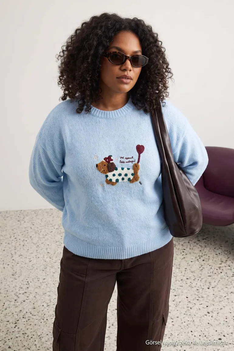 Blue Soft Textured Dog Embroidered Knitwear Sweater - 4