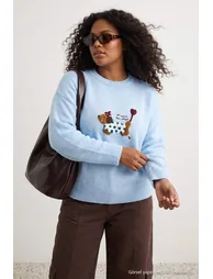 Blue Soft Textured Dog Embroidered Knitwear Sweater - 3