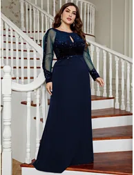 Leely Plus Women's Elegant Round Neck Long Sleeve Party Dresses