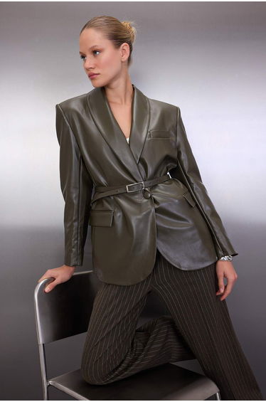 Khaki Belted Double Breasted Faux Leather Woven Blazer Jacket