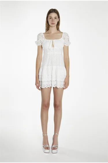 Tie Front Mini Dress - White Broderie