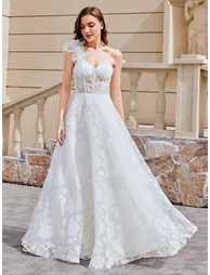 One Shoulder Backless Wedding Dress | A Line Floor Length Dress