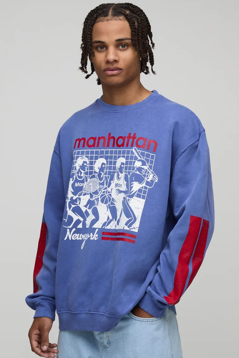 Navy Oversized Manhattan New York Washed Printed Sweatshirt - navy