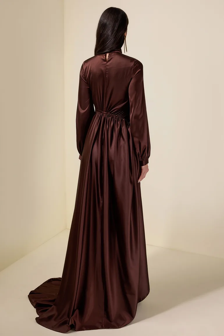 Satin Shirring Lantern Sleeve Maxi Dress - 1