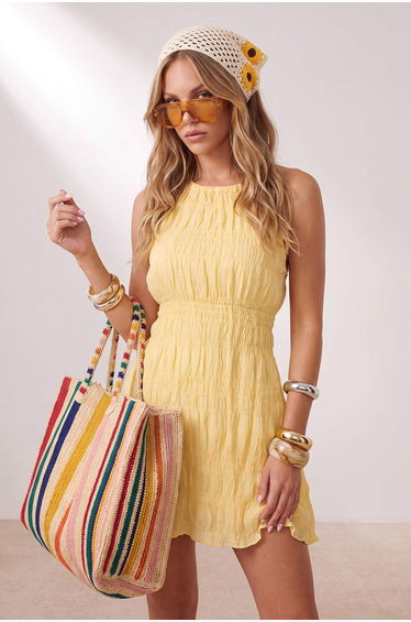 Yellow Woven Mini Back Detailed Beach Dress