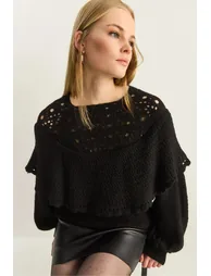 LUCCI Ribbed Boat Neck Thick Sweater with Frilly Detail - 1