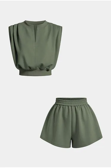 Solid V-Neck Ruched Tank Top And Shirred Waistband Wide Leg Shorts Set