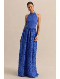 Indiana | Dark Blue Broderie Halter-Neck Maxi Dress - 5