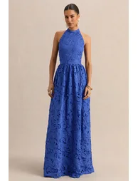 Indiana | Dark Blue Broderie Halter-Neck Maxi Dress