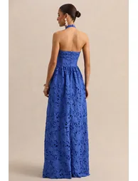 Indiana | Dark Blue Broderie Halter-Neck Maxi Dress - 1