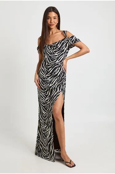 Zebra Print Chiffon Cold Shoulder Ruched Side Maxi Dress - black_white