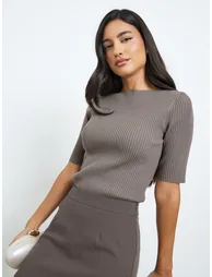 Brown Solid Short Sleeve Flat Knit Top