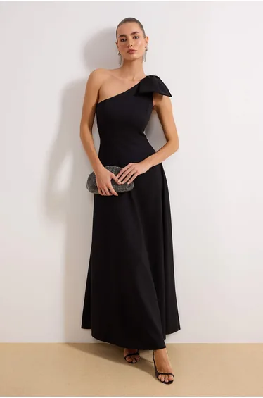 Black Bow Single Sleeve Straight Fitted Woven Evening Dress & Homecoming Dress