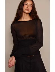 Black Contrast Jersey Rib Long Sleeve Fitted Top - 1