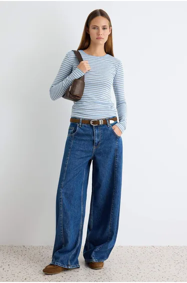 Blue Striped Fitted Boat Neck Long Ribbed Knitted Blouse
