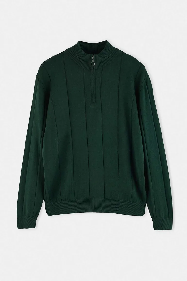Green Regular/Normal Cut Line Textured Stand Collar Zipper Thin Sweater - 3