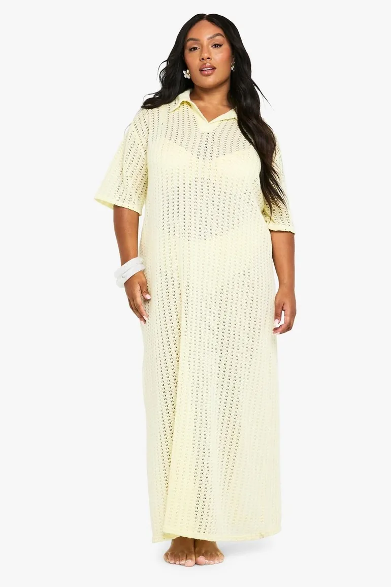 Plus Knitted Beach Shirt Midaxi Dress - lemon - 2