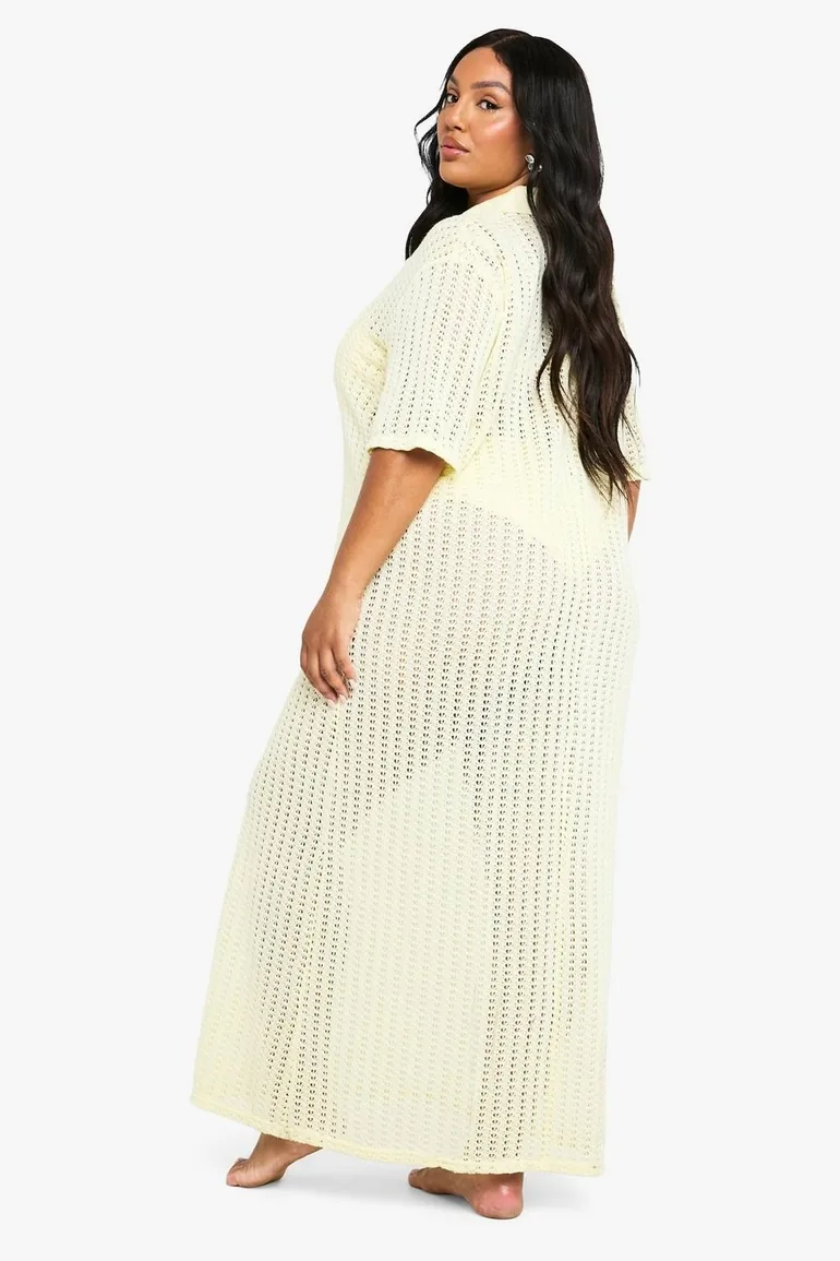 Plus Knitted Beach Shirt Midaxi Dress - lemon - 1