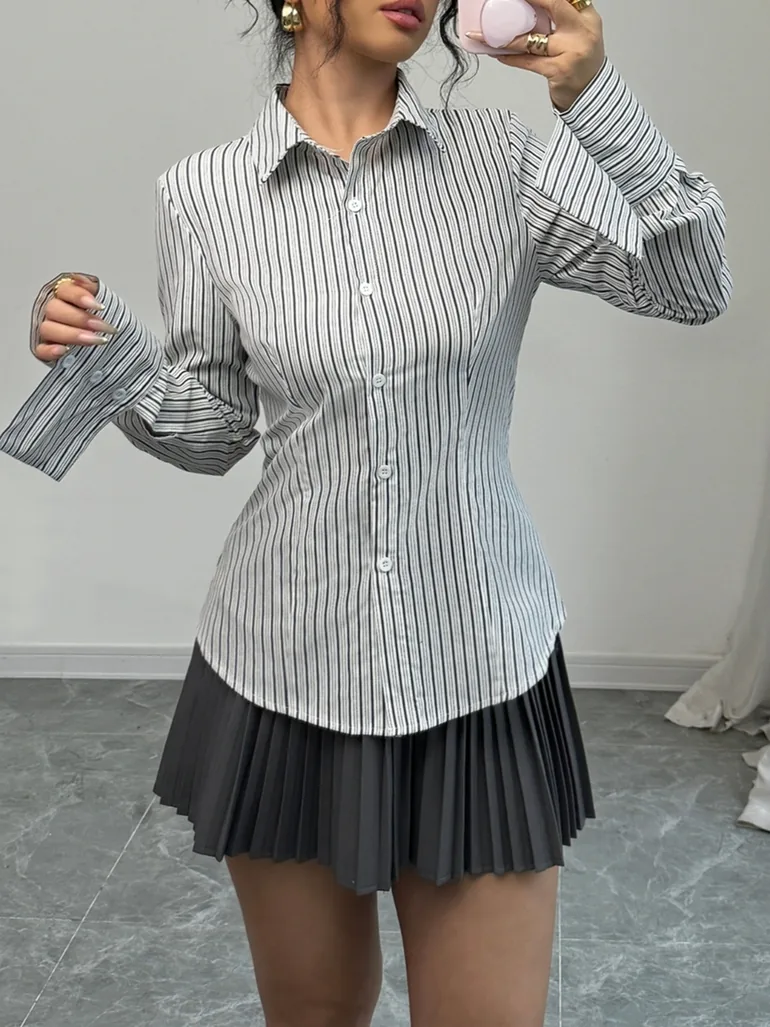 Striped Button Up Long Sleeve Shirt - 1