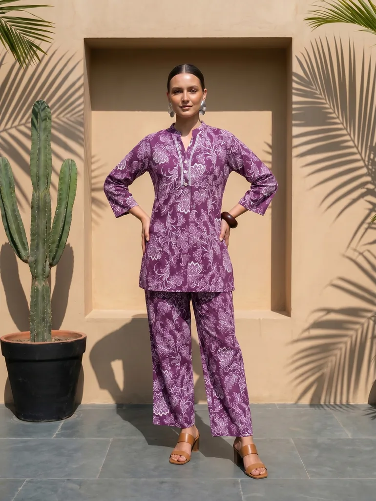 Burgundy Floral Print Button Details Tunic and Trousers Co-Ord Set - 2