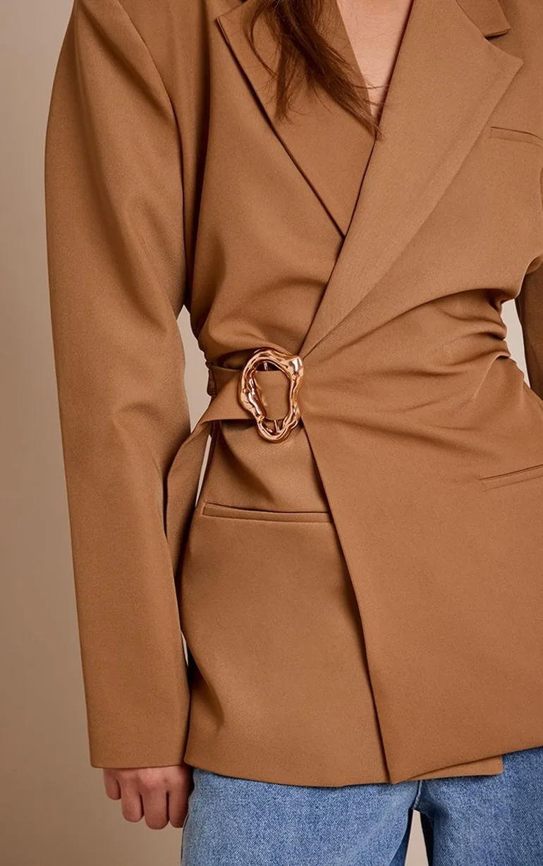 Camel Belted Trim Detail Blazer - 3