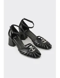Black Leather Women's Heeled Shoes - 1