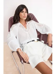 White Guipure Detailed Chiffon Transparent Woven Blouse - 1