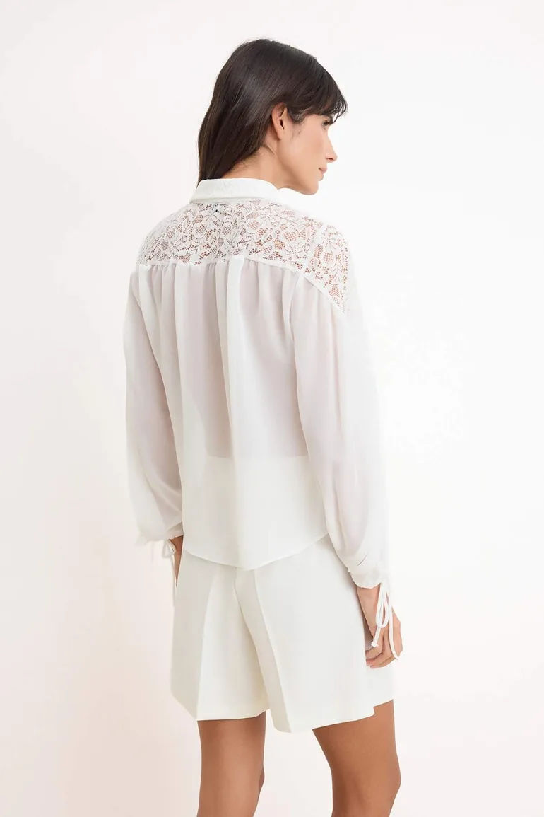 White Guipure Detailed Chiffon Transparent Woven Blouse - 3