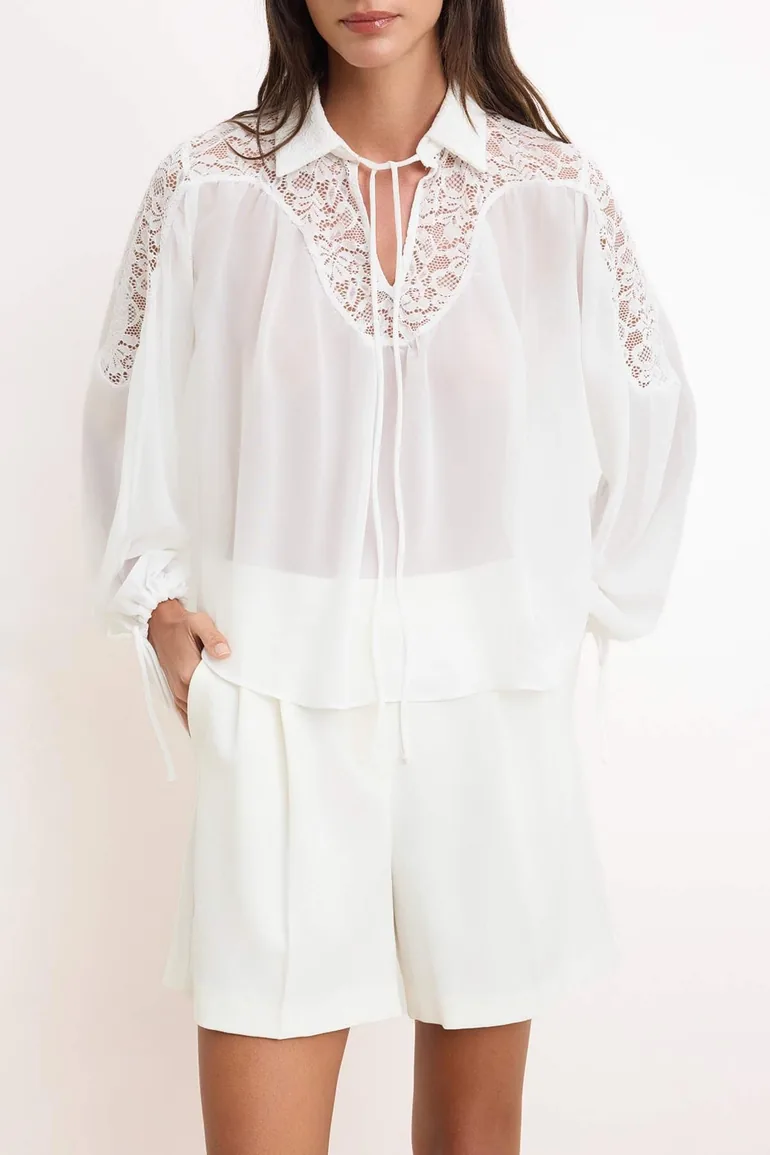 White Guipure Detailed Chiffon Transparent Woven Blouse - 2
