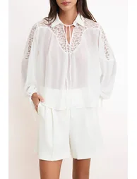 White Guipure Detailed Chiffon Transparent Woven Blouse - 2