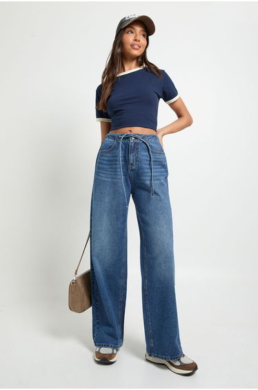 Elasticated Wide Leg Tie Waist Jean - dark wash