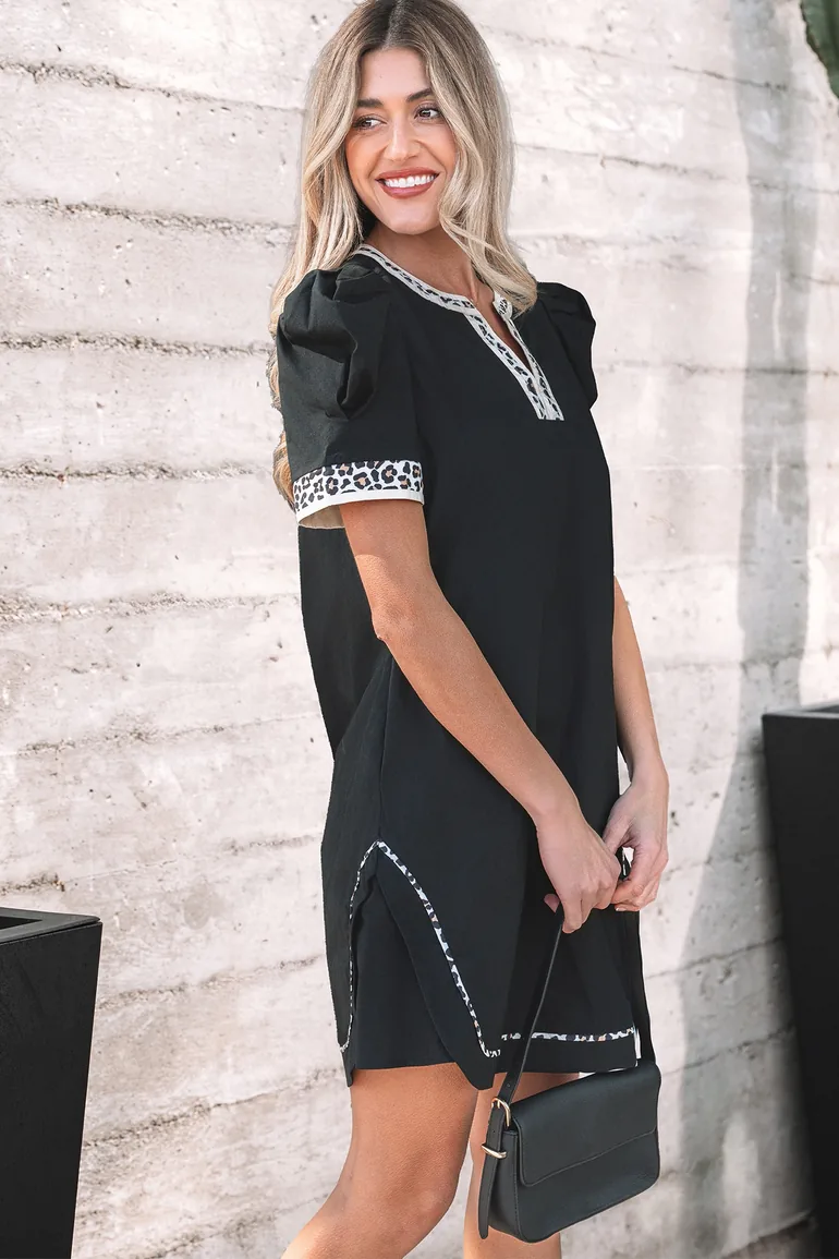 Lvness Black Leopard Trim Notched Neck Short Puff Sleeve Shift Mini Dress - 2
