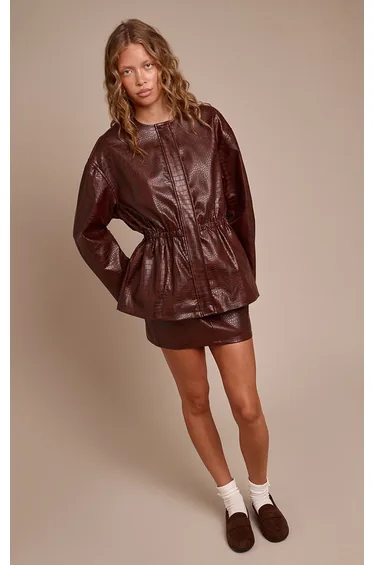 Brown Croc Faux Leather Mini Skirt
