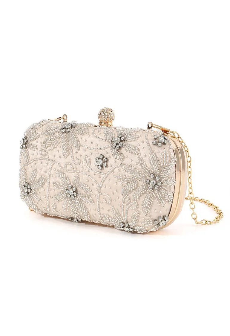Beaded Floral Embroidered Clutch in Champagne - 5