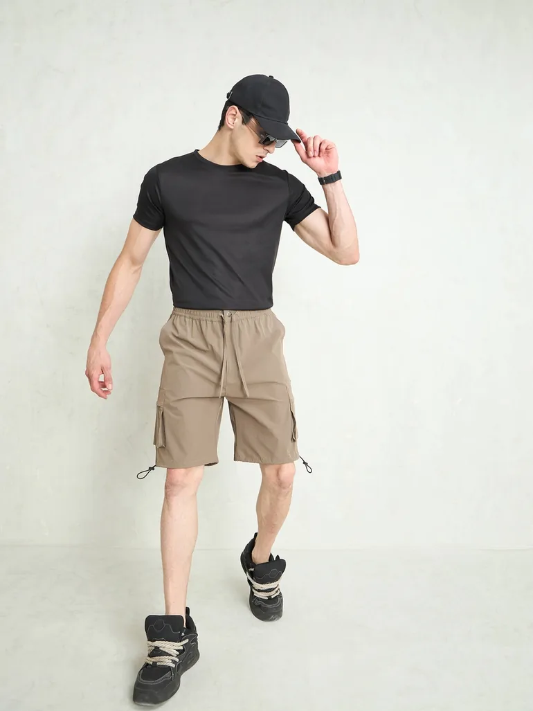 Beige Cargo Pocket Parachute Shorts