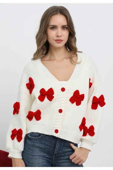 Fetchingly 3D Bowknot Buttoned Chunky Knit Cardigan in Red