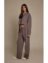 Charcoal Grey Brushed Rib Wide Leg Drawstring Trousers Co-ord