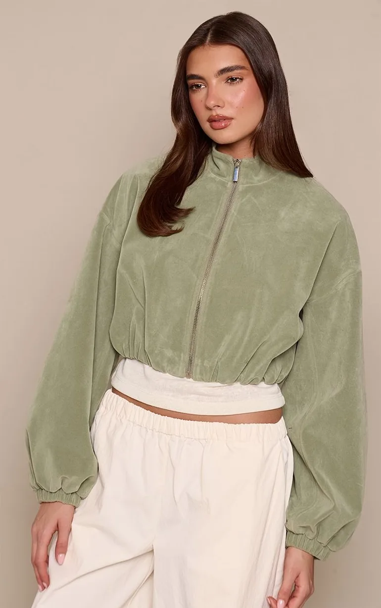 Pistachio Faux Suede Cropped Bomber Jacket - 1