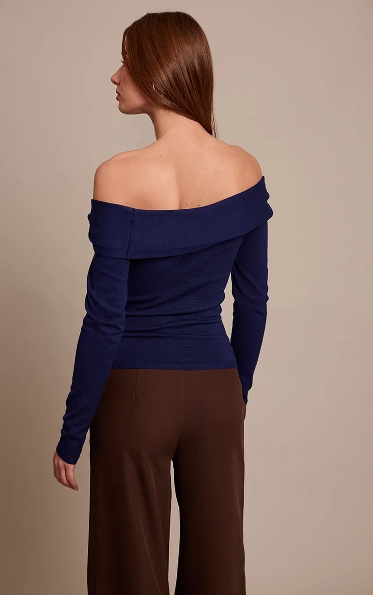 Navy Long Sleeve Twist Shoulder Detail Knitted Top - 1