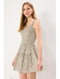 Beige Floral Patterned Gipe Detail Viscose Woven Overalls - 1