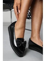Cathy School Shoes Slip On Loafers With Bow In Black Patent