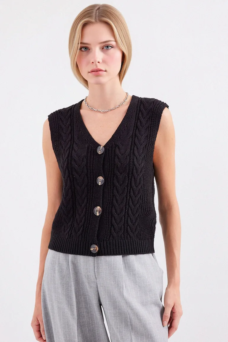 BDART Textured V-Neck Crop Waistcoat with Button Closure - 2