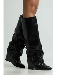 Slouchy Fold Over Block Heel Knee High Boots - black