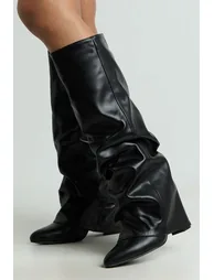 Slouchy Fold Over Block Heel Knee High Boots - black - 1